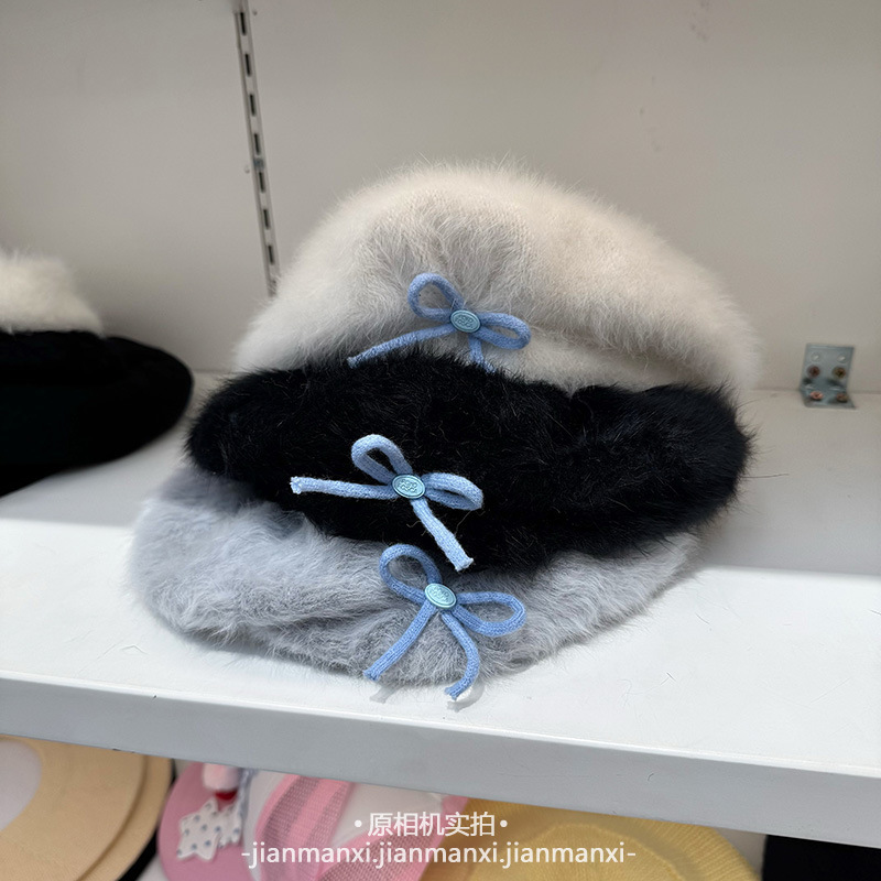 蓝色蝴蝶结兔毛蓓蕾帽子女款秋冬韩版韩国减龄显脸小保暖贝雷帽|undefined