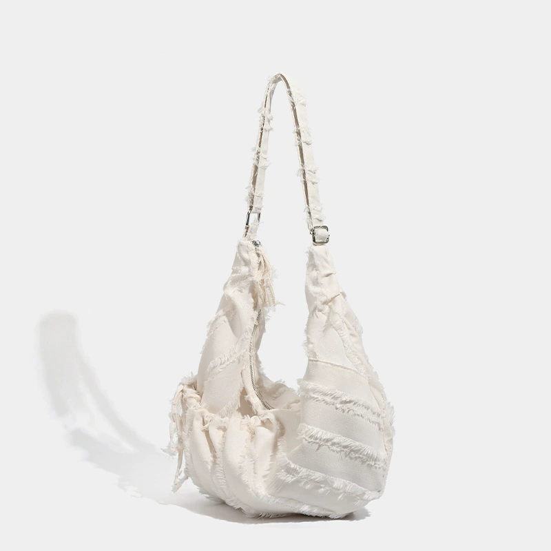 One-Shoulder Shopping Bag, Capacious Drawstring Tote with Shoulder Strap, White/Blue