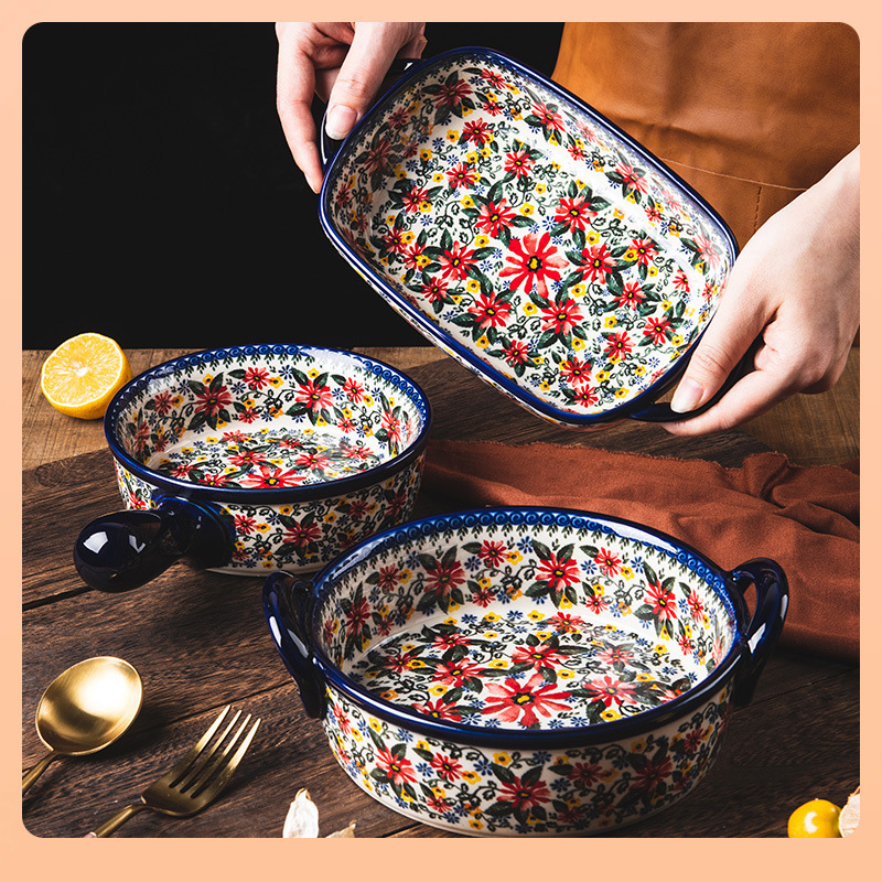 18N Polish Double-Eared Baking Pan Handle Bowl Microwave Oven Household Baking Bowl Ceramic Tableware Steamed Egg Bowl