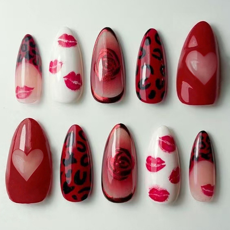 30 Semi-Handmade Red Lip Print Heart Rose Leopard Print Design Almond-Shaped Press-On Nails Fake Nails