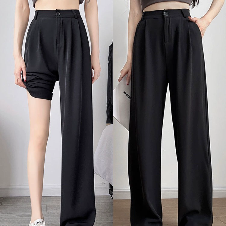 黑色冰丝西装裤女夏薄款2025新款感垂感小个子直筒长裤网红阔腿裤
