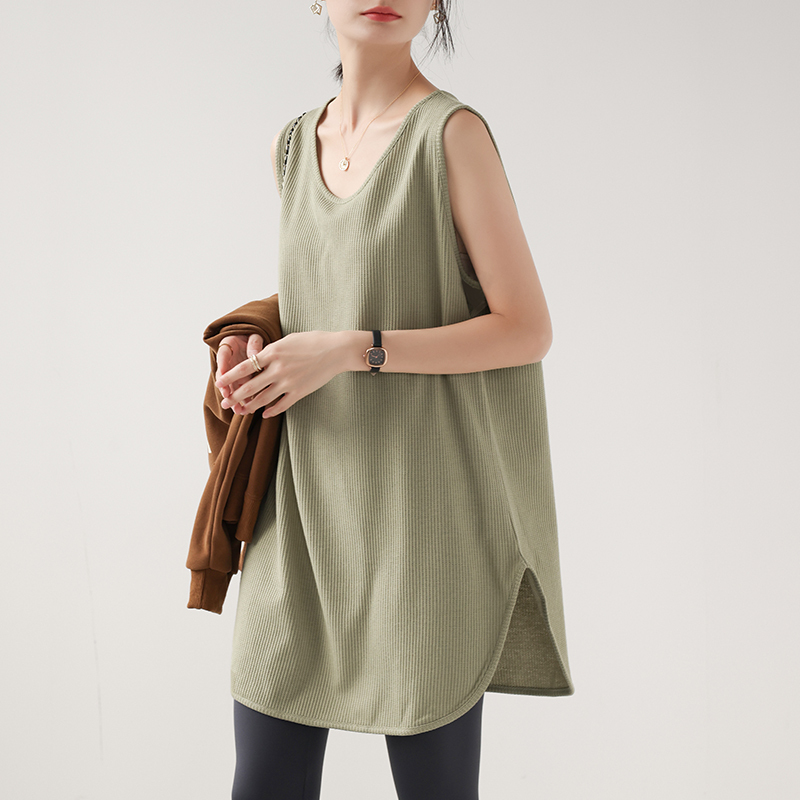 Waffle Base Vest Women's Spring and Summer Outer Sweatshirt with Layered Long Sleeveless T-Shirt Loose Maternity Top