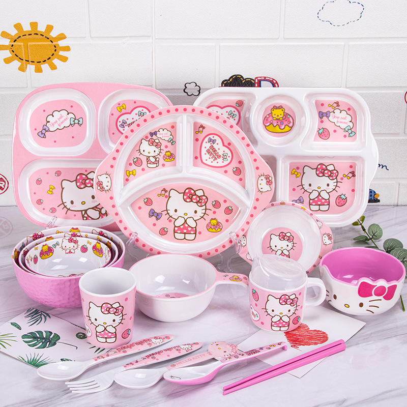 Kitty tableware creative high-value rice bowl melamine cute dinner plate pink tableware suit cartoon children's spoon fork