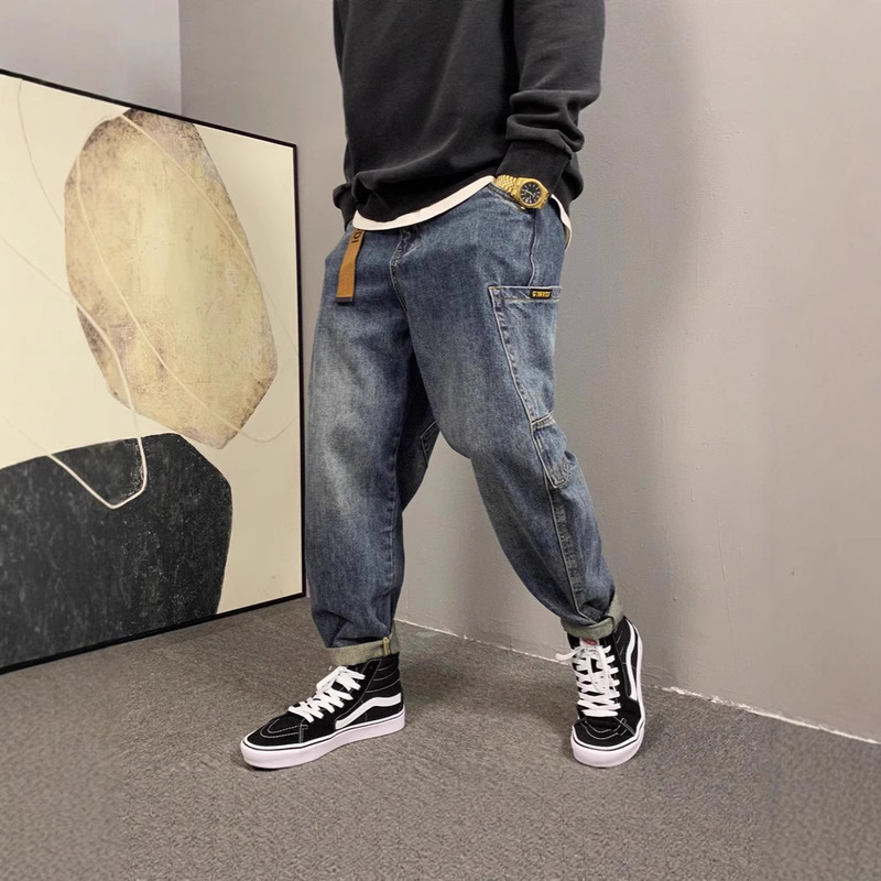 Spring and Autumn American Casual Stylish High-End Large Pocket Cargo Jeans Men's Straight Loose High Street Tapered Pants