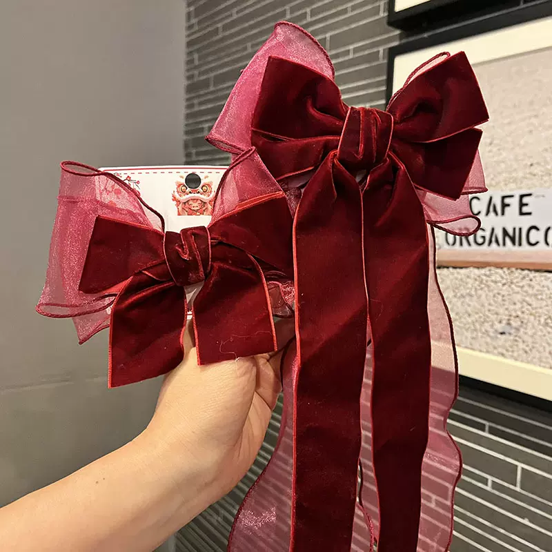 酒红蝴蝶结头饰新年儿童双层丝绒女孩飘带公主发饰弹簧夹女童发夹