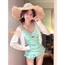 2026新款泳衣女款连体纯色两件套长袖罩衫少女学生保守遮肉泡温泉