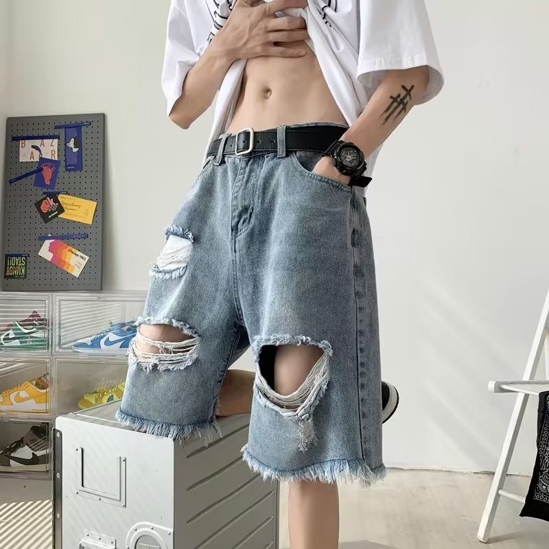 European and American Vibe Ripped Denim Shorts Men's Summer Niche Design Sense Loose Ripped Street Casual Pants