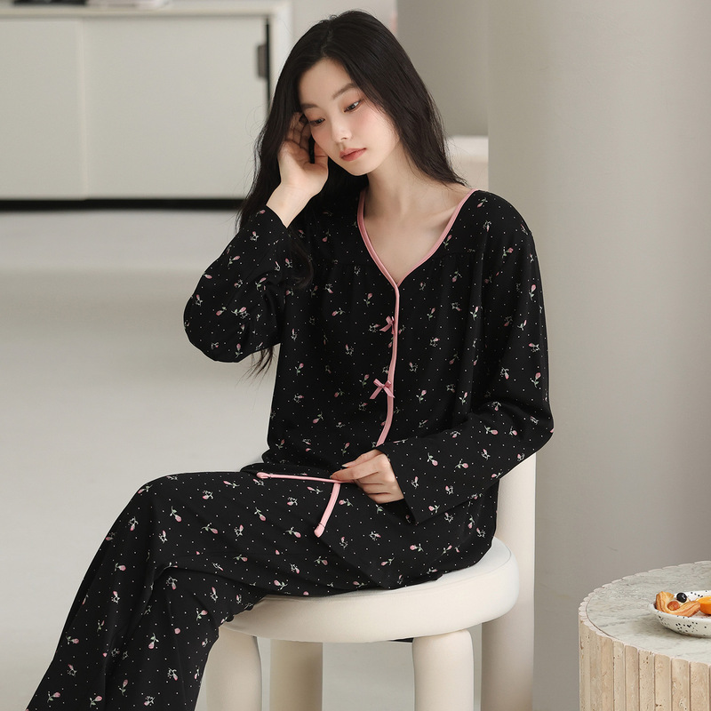 纯棉睡衣女2025新款春秋款爽棉开衫长袖简约大码家居服套装可外穿|undefined