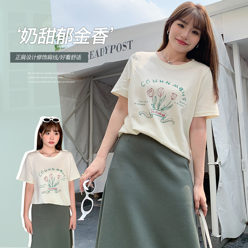 Original design milk sweet Tulip printed short-sleeved T-shirt chubby girl plus size women's round neck t shoulder slimming 62528