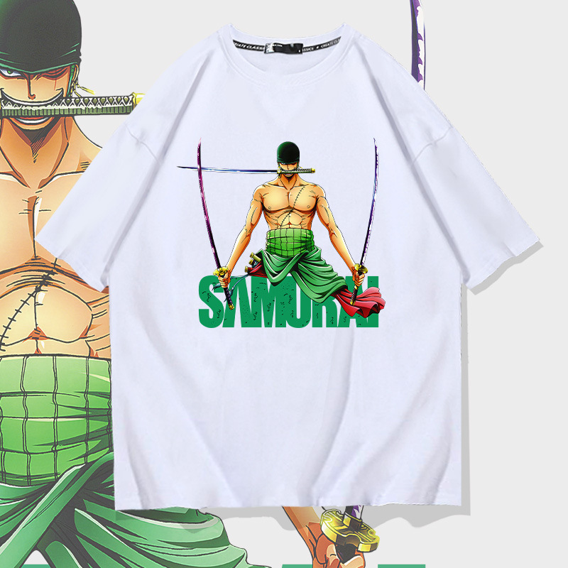 Japanese anime zoro Sauron cotton short-sleeved T-shirt male student summer one piece loose off-shoulder half-sleeve top Japanese anime zoro Sauron cotton short-sleeved T-shirt male student summer one piece loose off-shoulder half-sleeve top