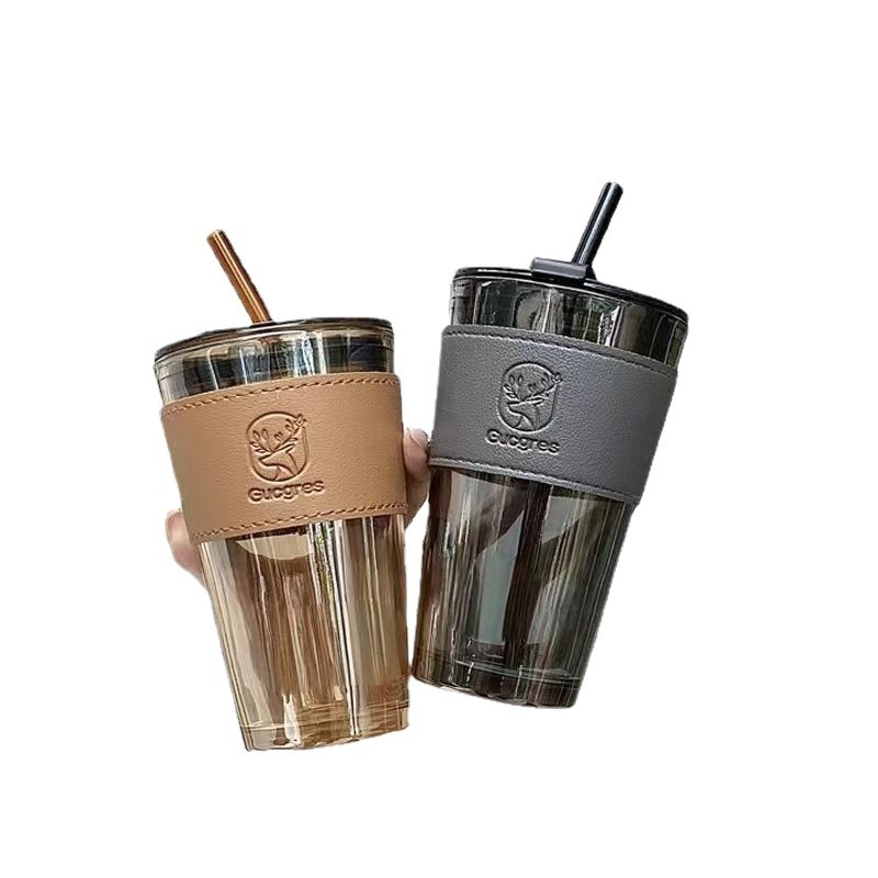 ストロー付きガラスコップ高颜値コーヒーカップ革カバー付きグレー鹿双飲オープンプレゼント印刷ロゴ|undefined