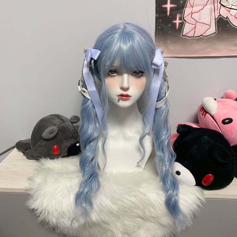 Mist Blue Wig for Women, Long Wavy Hair, Internet Celebrity Style, Air Bangs, Full Wig, Soft Girl Lolita Realistic Full Headpiece Mist Blue Wig for Women, Long Wavy Hair, Internet Celebrity Style, Air Bangs, Full Wig, Soft Girl Lolita Realistic Full Headpiece