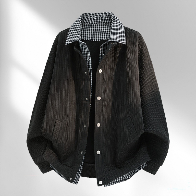 Cross-border retro falso de dos piezas chaqueta de revestimiento de cuello de malla primavera chaqueta de trabajo suelta marca de moda masculina image 3