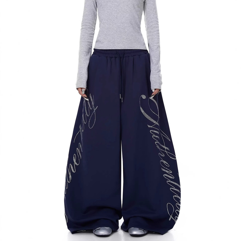 American-Style Design with Rhinestone Letters, Drawstring Wide-Leg Sweatpants, Unisex Loose Fit, Versatile Casual Straight-Leg Floor-Length Pants