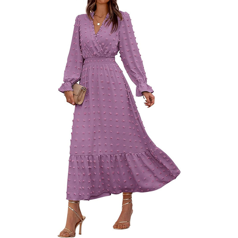 Amazon new women's autumn dress long sleeve V-neck Swiss polka dot dress Bohemian