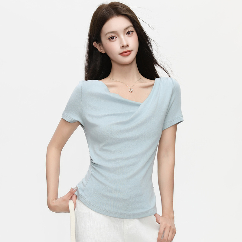 Jiyou Dopamine French Style Irregular Swing Collar Slant Shoulder Short-sleeved T-shirt Women's Summer High-end Slim-fit Hot Girl Top