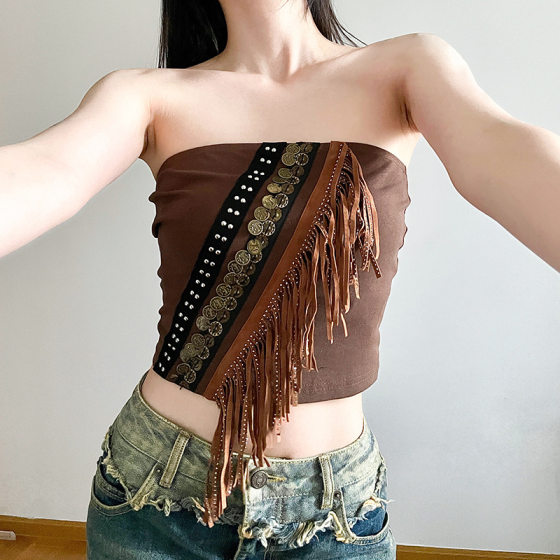 WASTE Tassel Knitted Tube Top Small Vest 2024 Summer American Style Exotic Spice Girls New Top for Women