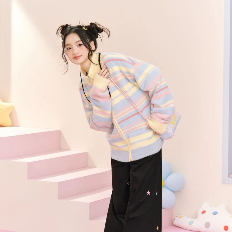 Colorful striped sweater coat for women autumn and winter New Japanese retro lazy style niche design cardigan knitted top