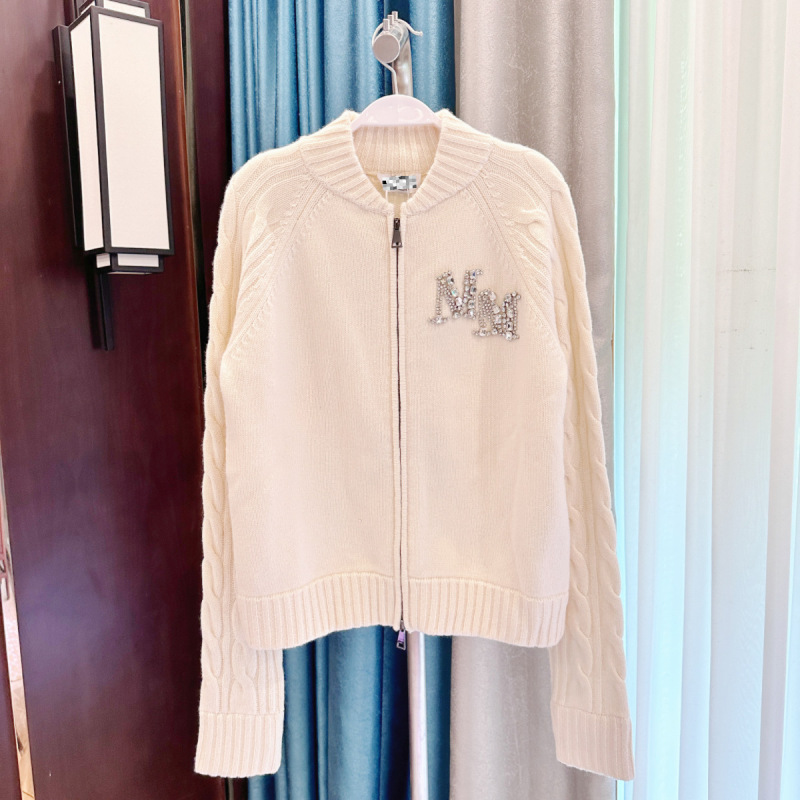 in stock/Otaku Same High Version All Wool Pull-knit Cardigan Hand-nailed Beaded Rhinestone Zipper Sweater Jacket for Women