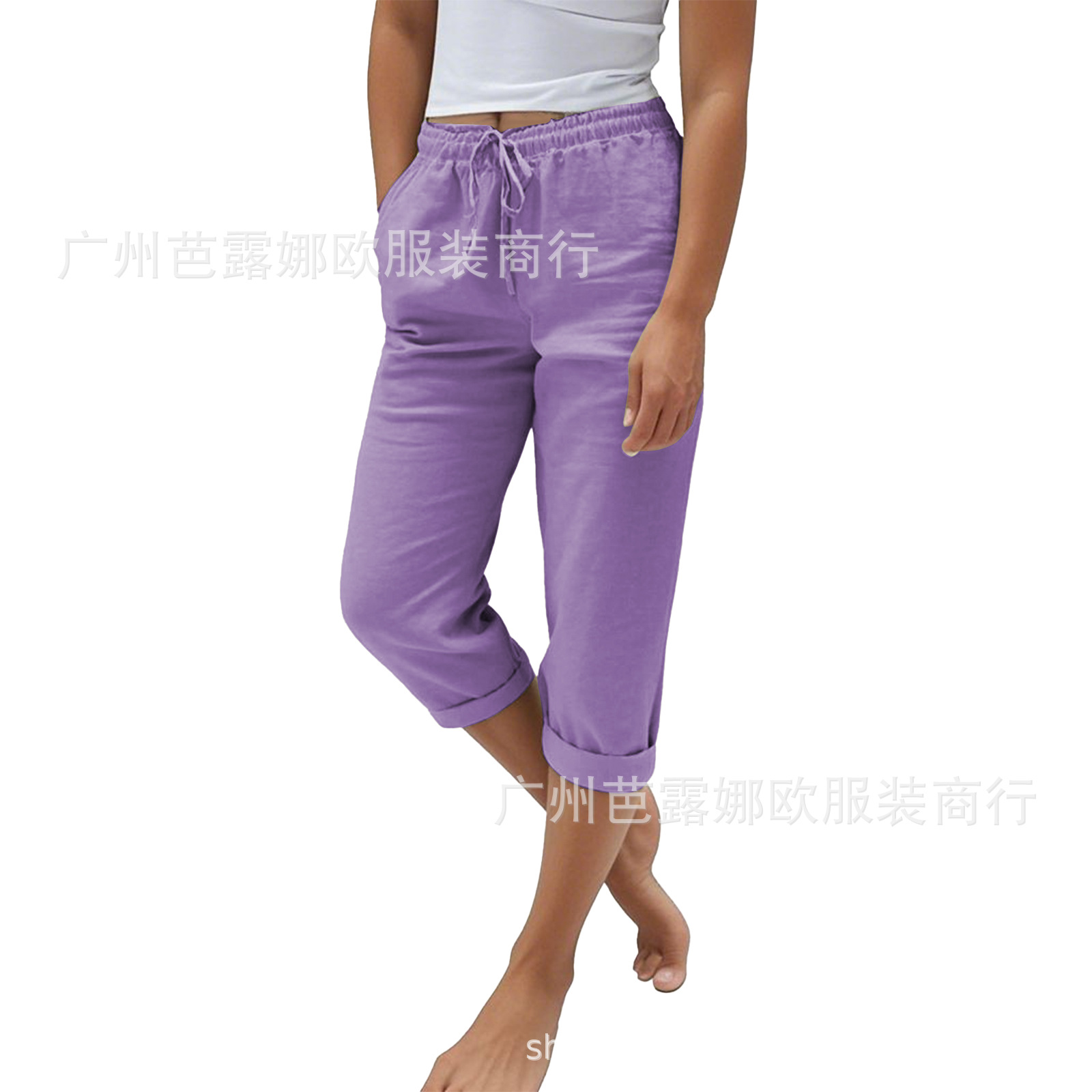 欧美女士时尚休闲夏季松紧高腰纯色棉麻宽松七分裤休闲裤