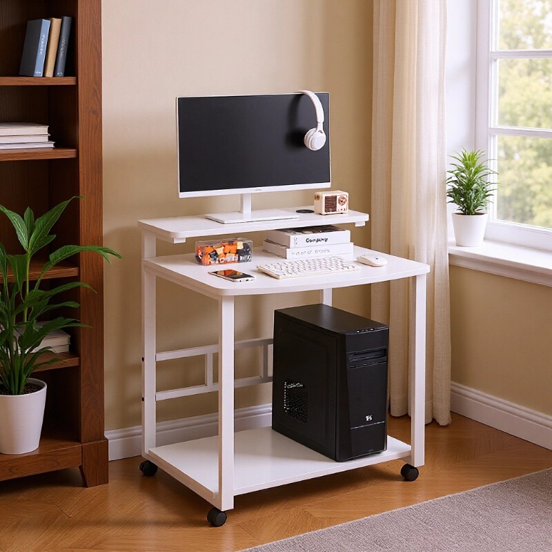 Simple Modern Computer Desk with Wheels, Movable Double-Layer Storage Desk, Rental House Study Desk, Small Table