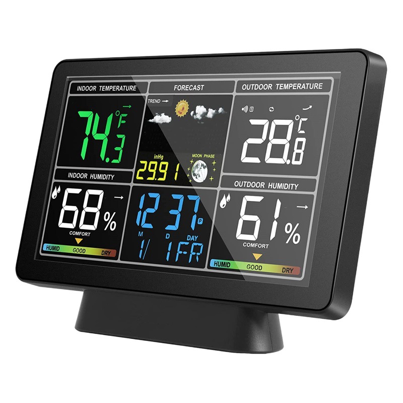 Pantalla a color multifuncional pronóstico del tiempo reloj despertador electrónico con fase lunar RF reloj meteorológico inalámbrico calendario perpetuo reloj atómico de onda de radio