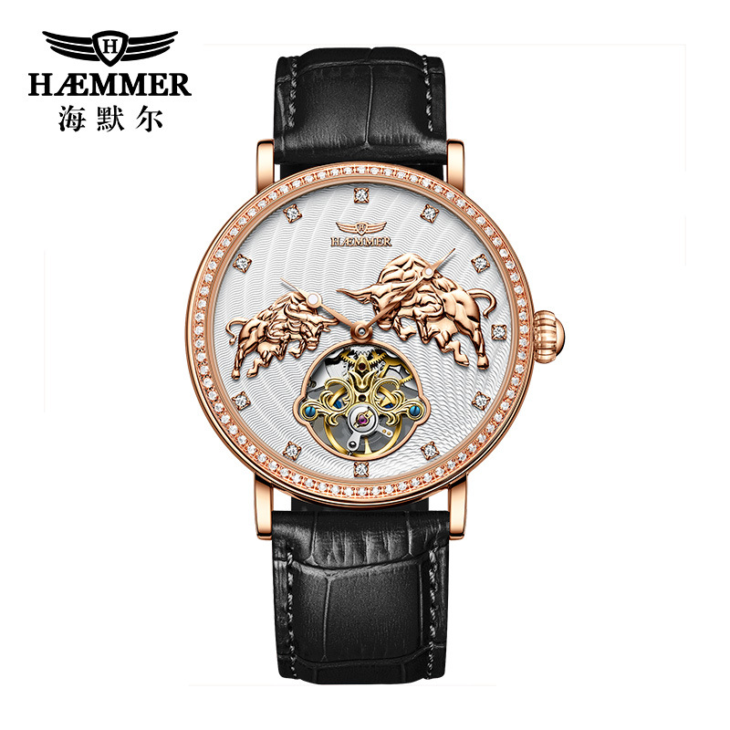 Đồng hồ cơ nam tự động HAEMMER lộ máy Tourbillon dây da — Vỏ hồng mặt trắng da đen, Vỏ vàng mặt vàng da cà phê