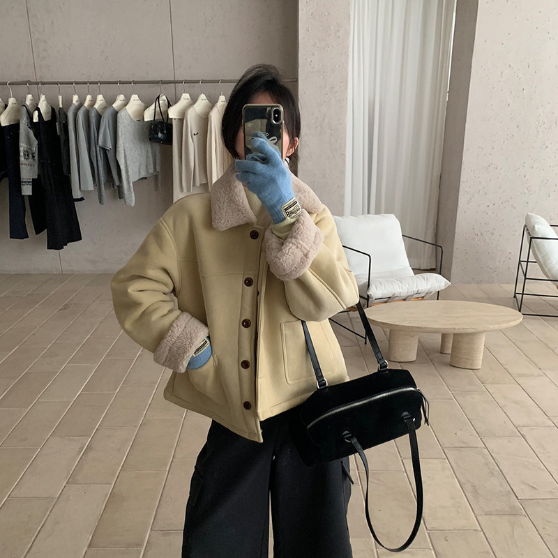 苏奈 韩系复古麂皮绒翻领加绒外套女冬保暖宽松百搭上衣fromanna