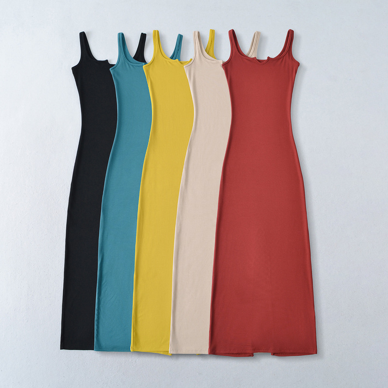 Thin Shoulder Strap High Elastic Square Collar Long Skirt Spring and Summer Slim Sling Vacant Skirt Women's 25 Outer Wear Rear Split Knitted dress