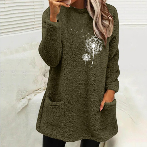 Cross-border factory direct sale 2024 Autumn/Winter European and American women's clothing round neck pullover long sleeve pocket floral double-sided plush sweatshirt