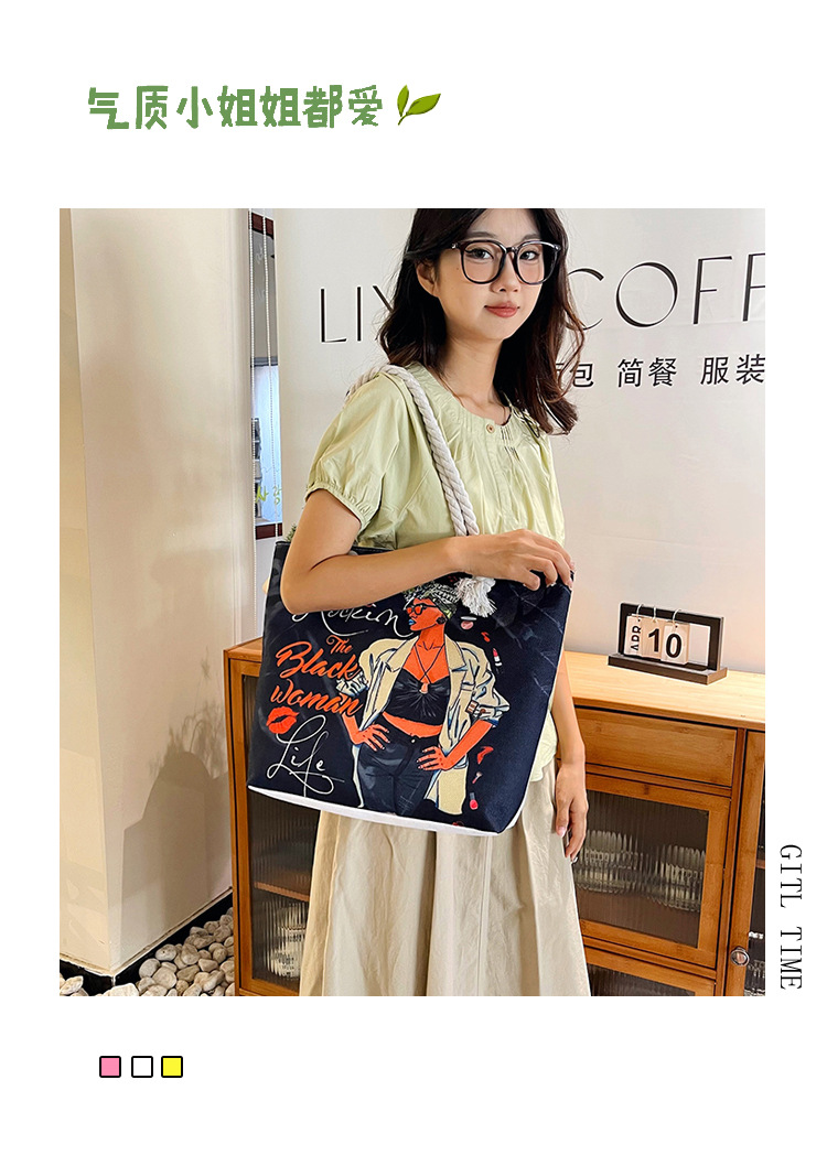 New cross-border tote bag, versatile women's portable shopping bag, creative women's printed aesthetic thick rope beach bag full figure