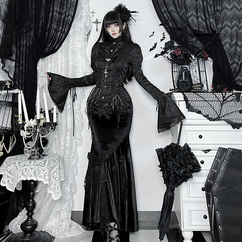 XS25219 Subculture Dark Gothic Ruffled Puff Sleeve Lace Trim Tie-Waist Bell Sleeve Shirt XS25219 Subculture Dark Gothic Ruffled Puff Sleeve Lace Trim Tie-Waist Bell Sleeve Shirt