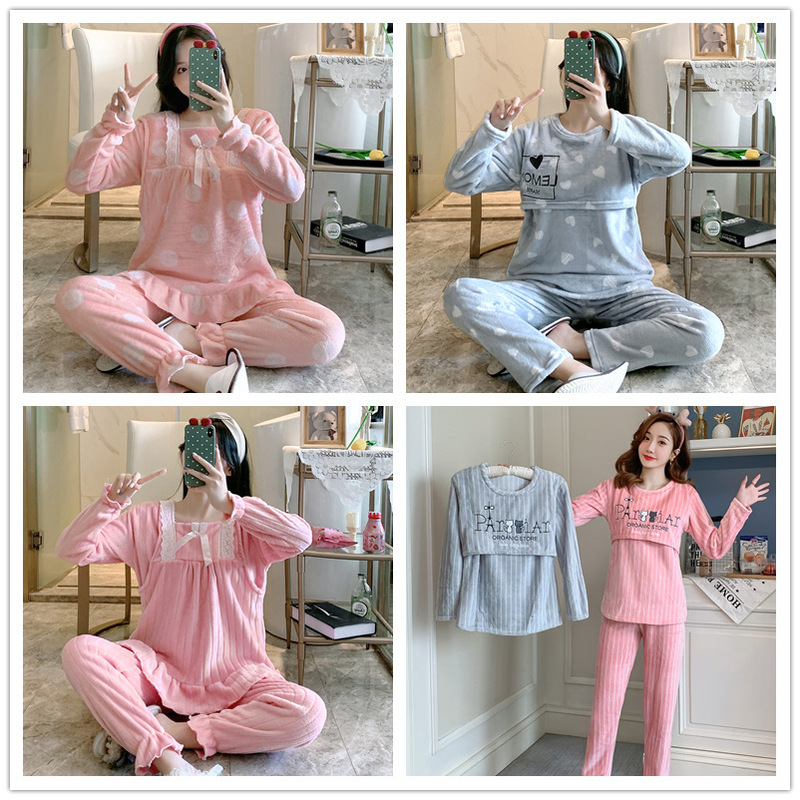 Foreign Trade Autumn and Winter Thickened Coral Pregnant Women Pajamas Cute Solid Color Breastfeeding Moon Clothes Home Suit
