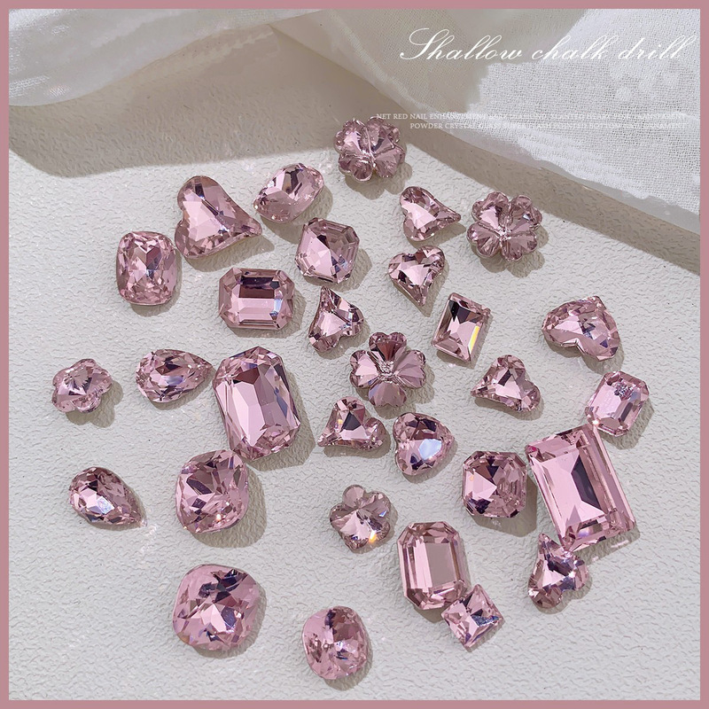 Pink crystal glass love crooked heart nail drill super flash nail jewelry big diamond pointed bottom shaped nail drill wholesale