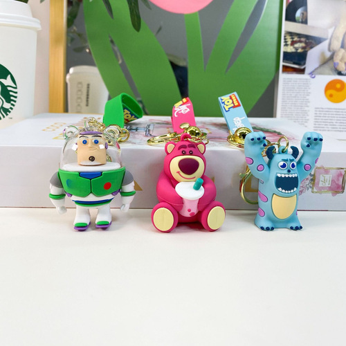 Cartoon Toy Cars 3D Printed Keychain with Buzz Lightyear Strawberry Bear Car Keychain Holder, Small Gift Wholesale