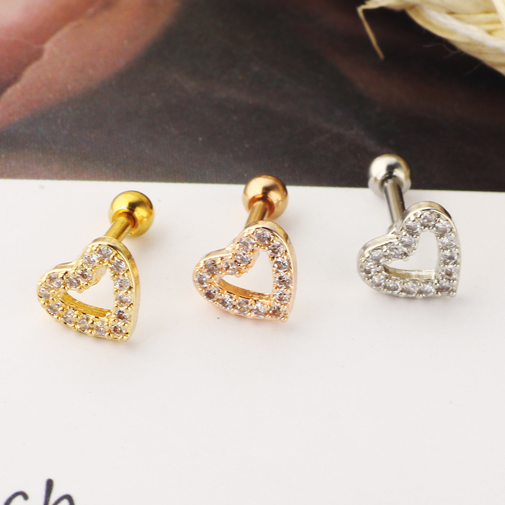 Simple Style Heart Shape Stainless Steel Hollow Out Zircon lip stud Ear Studs 1 Piece