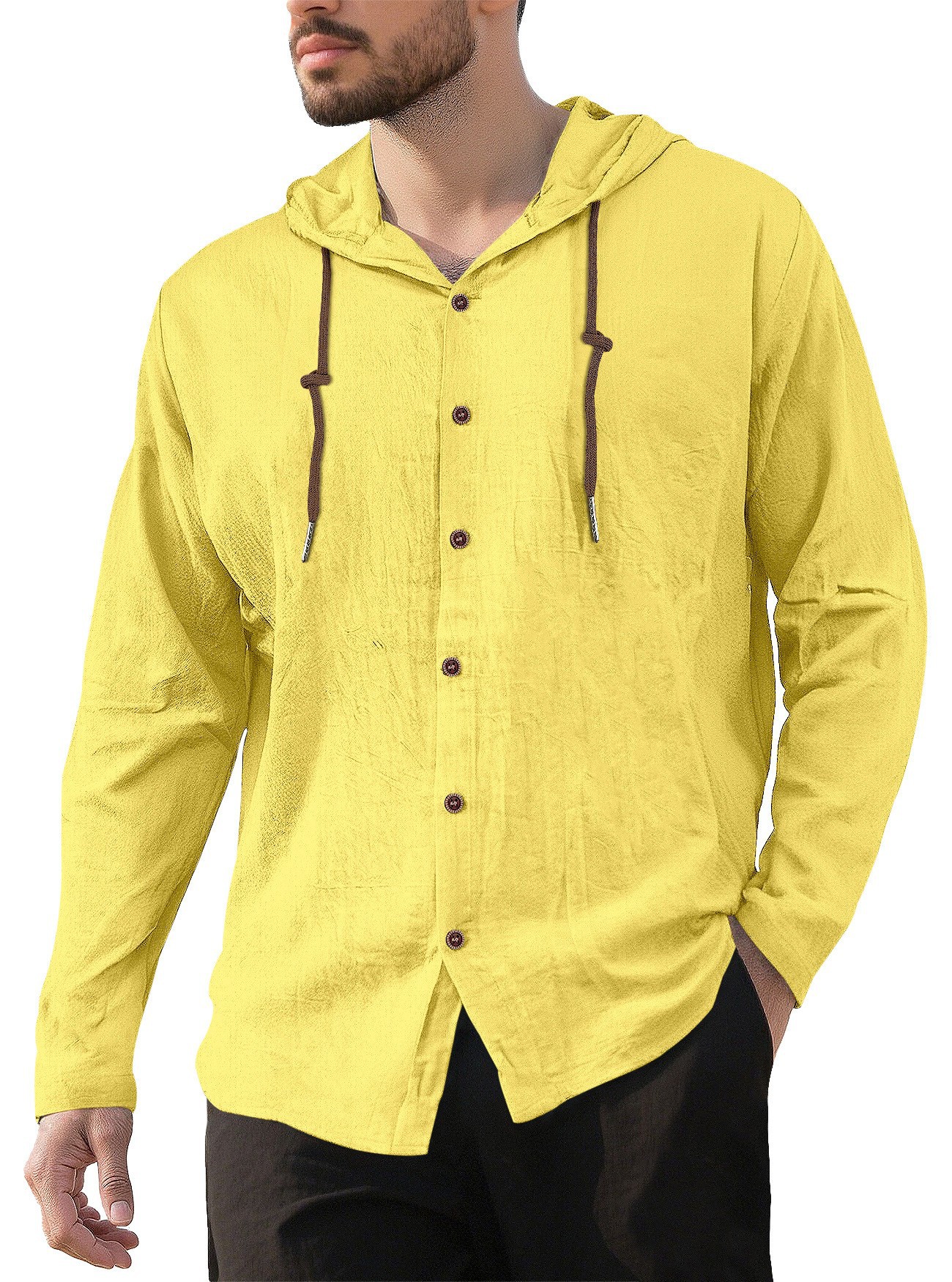 Transfronterizos de hombres Amazon encapuchado Camiseta de algodón camiseta de color sólido suelta de manga larga Cardigan casual chaqueta de playa