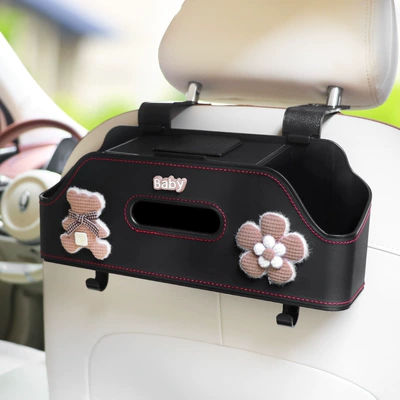 Box Car Seat Back Storage Car cup holder/beverage holder - brown-bow-tie-bear-black-chair-back-multifunctional-storage-box-upgraded-integrated-mobile-phone-holder