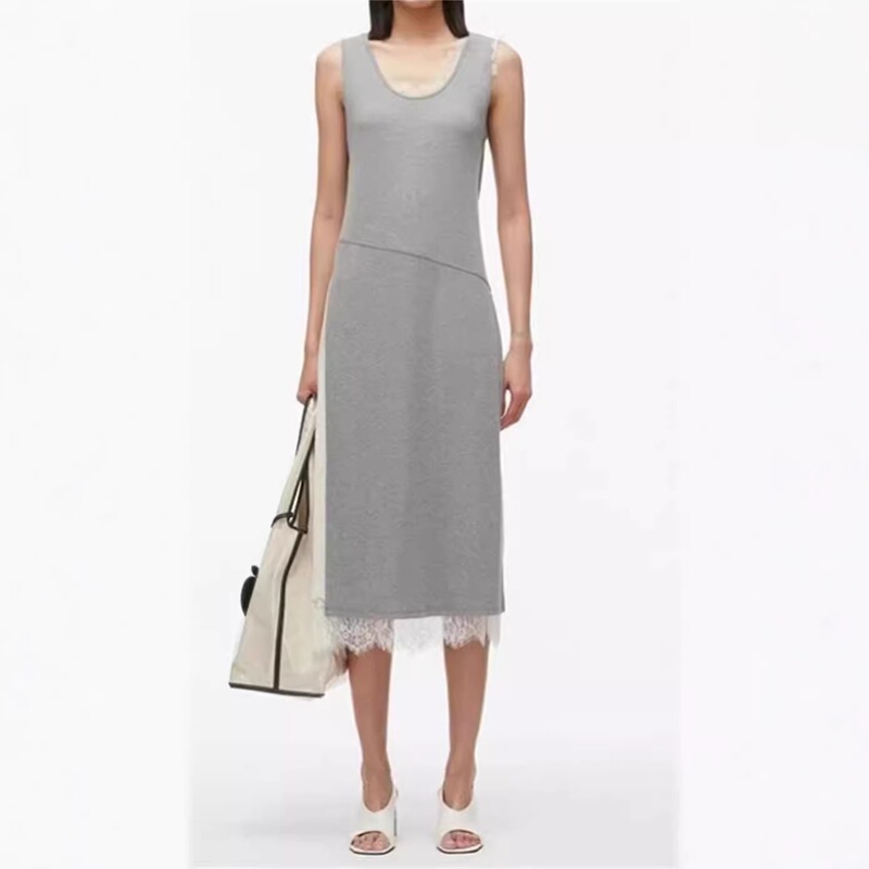 French Elegance 24 New Summer Style Lace Satin Splicing Ribbed Stretch Mid-Length Elegant Vest Dress French Elegance 24 New Summer Style Lace Satin Splicing Ribbed Stretch Mid-Length Elegant Vest Dress