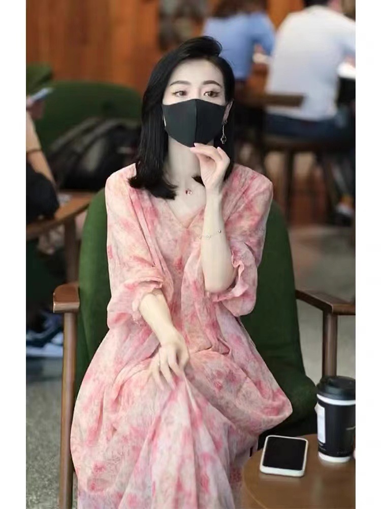 Đầm maxi hoa nhí chiffon dáng thắt eo kiểu Pháp — Màu hồng chi tiết 1