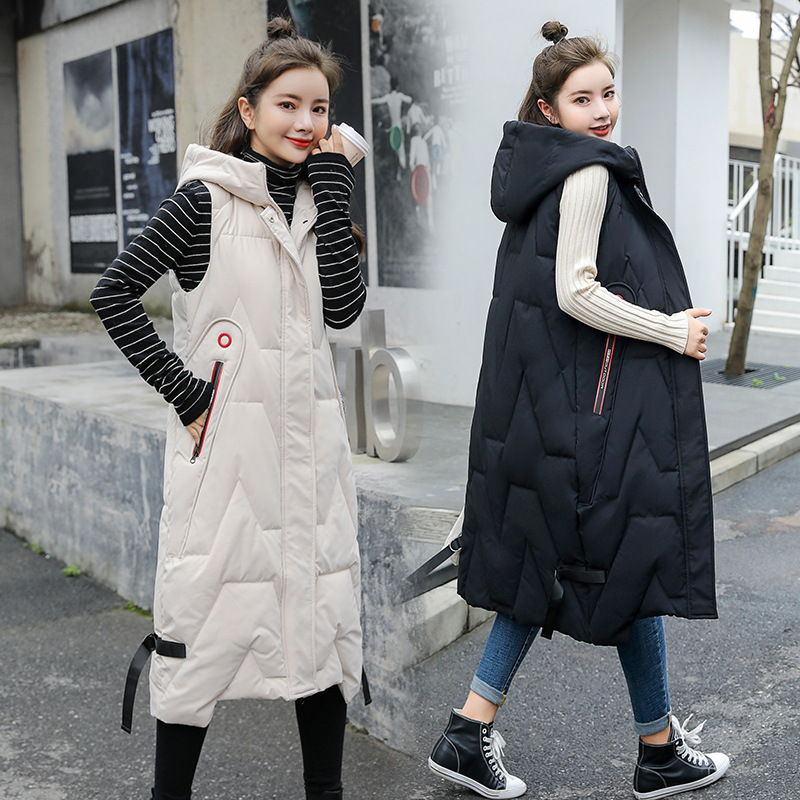 Over-the-knee Long Cotton-padded Jacket Long Vest Women's New Fashion Hooded Korean Casual Vest Jacket
