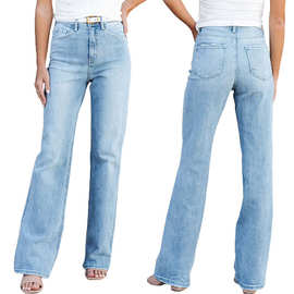 欧美跨境货源新款女士直筒裤时尚个性修身直筒浅蓝色牛仔长裤女