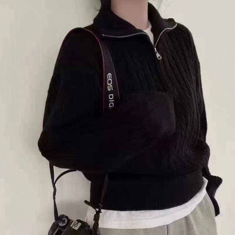 复古麻花套头秋冬新款针织衫翻领设计感韩版宽松半拉链上衣毛衣女|undefined