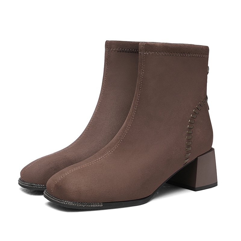 2025 Fall/Winter New Black Fleece-Lined Chunky Heel Ankle Boots Suede Slim Boots Square Toe High Heel Chelsea Boots Cotton Shoes_vogvips.com