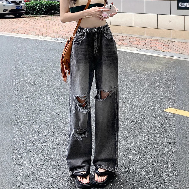 Smoky Grey Wide Leg Pants Women's Summer High Waist Straight Ripped Jeans Loose Slimming Vintage High Street Mop Pants
