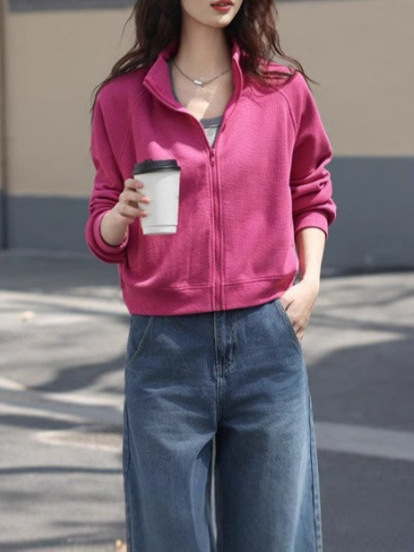 松弛感立领棒球服潮2025春秋款多巴胺吸睛色基础简约华夫格外套女|undefined
