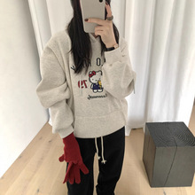 韩国东大门可爱卡通凯蒂猫刺绣连帽卫衣女加绒保暖百搭长袖上衣