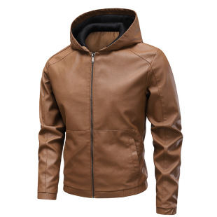 New Arrival 2025 Spring and Autumn New American Style Retro Hooded PU Leather Car Suit Men's Youth Casual Ripper Handsome Leather