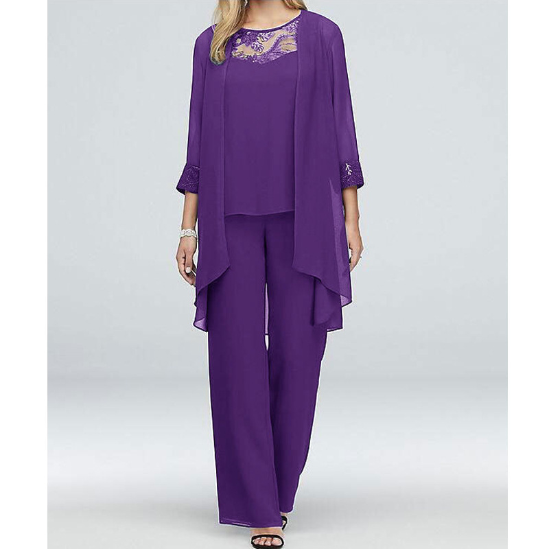 Fashion Suit Crewneck Lace Stitching Chiffon Cardigan Straight Pants Three-piece Suit Women