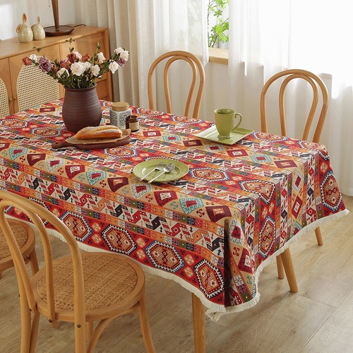 Thickened cotton and linen ethnic style fabric tablecloth Bohemian ins tablecloth tablecloth rectangular tassel cover